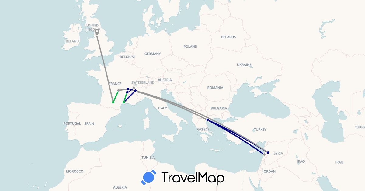 TravelMap itinerary: driving, bus, plane in France, United Kingdom, Greece, Lebanon, Syria (Asia, Europe)